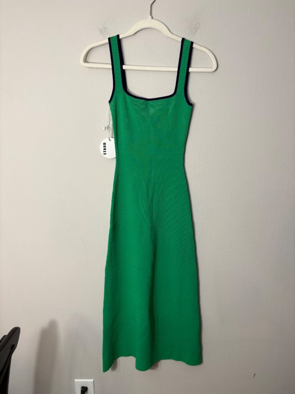 NEW $225 Staud Paityn Midi Dress Seaweed/Navy Square-Neck Stretchy XS Casual - Picture 3 of 9
